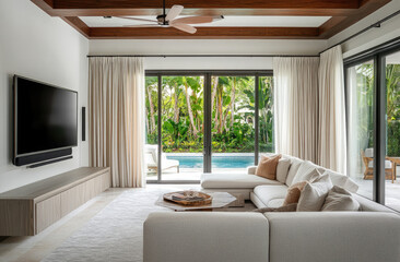 A modern and luxurious living room with sliding glass doors leading to the pool in front of it