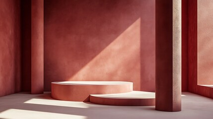 Modern Abstract Geometric Stages with Pastel and Neon Lighting for Minimalist Artistic and Futuristic Set Design Featuring Circular Platforms, Soft Shadows, and Vibrant Colors in Contemporary Spaces