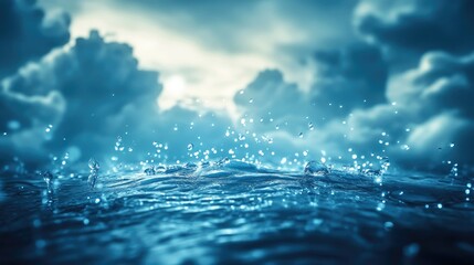 Water drops under soft clouds, floating in a futuristic environment with glowing details and abstract backgrounds, creating a mesmerizing scene