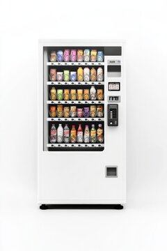 Blank White Vending Machine Mockup Isolated on Solid White Background, Filled with Snacks and Drinks for Clean and Neutral Presentation