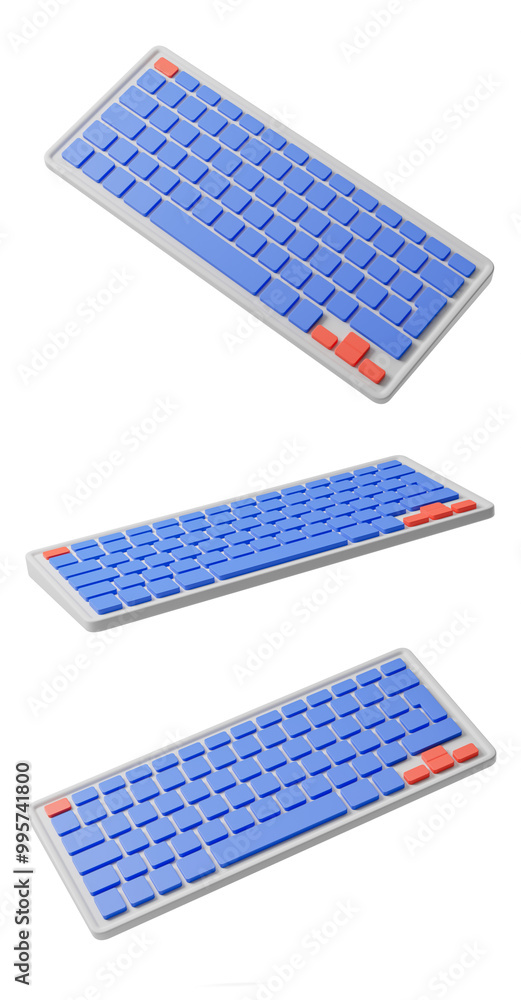 Poster three different angles of a modern blue and red keyboard. 3d rendering . isolated on white backgroun