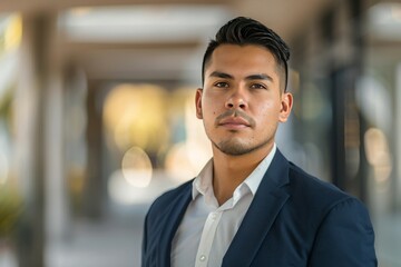 Fototapeta premium Portrait of an Aztec businessman person in full height. Full body seen, wearing a business suit. Handsome brunette man looking forward. , background blur