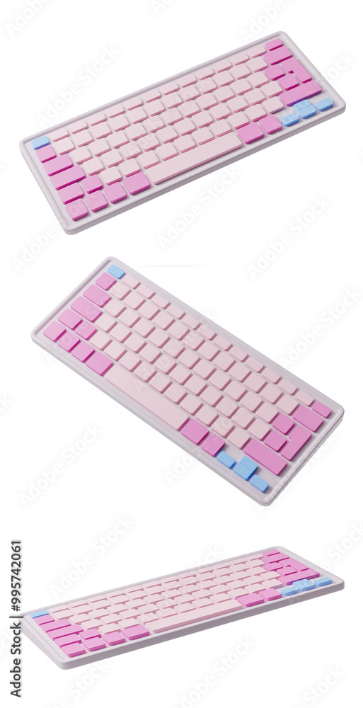 Poster multiple views of a colorful mechanical keyboard with pink and blue keys. isolated on white backgrou