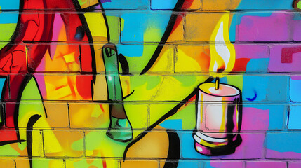 Fototapeta premium Pop art comic street graffiti with candle on colorful brick wall.