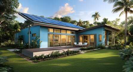 A modern blue house with solar panels on the roof, surrounded by lush green grass and palm trees. The exterior view showcases the solar panel installation