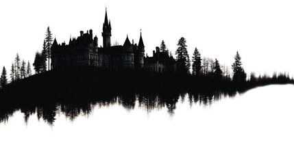 Fototapeta premium A black silhouette of a dark forest with tall trees and castles on a white background