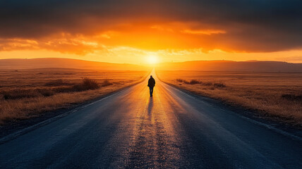 Man walking along empty and straight road towards beautiful sunset