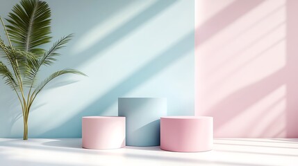 Modern Abstract Geometric Stages with Pastel and Neon Lighting for Minimalist Artistic and Futuristic Set Design Featuring Circular Platforms, Soft Shadows, and Vibrant Colors in Contemporary Spaces