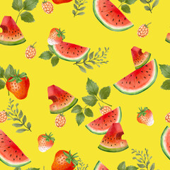 Cute watercolor watermelon and strawberries seamless pattern