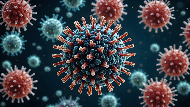 Coronavirus disease COVID-19 infection illustration. Influenza covid virus cells. New XEC Covid-19 close up. Generative AI.