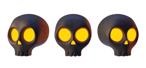 Glowing skull faces with bright yellow eyes. Isolated on white background. Concept of Halloween and spooky themes. 3D Rendering