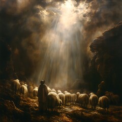 Bible Illustration, God's Glory Shines Over Shepherds Living in the Field at Night
