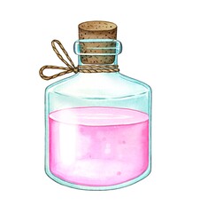 Bottle with rose water. Bottle with pink liquid. Watercolor illustration on white background