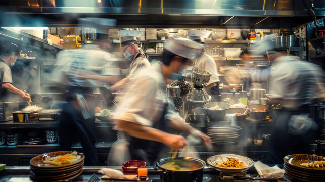 A bustling kitchen scene captures chefs in motion, expertly preparing dishes amidst steam and activity. vibrant atmosphere showcases culinary artistry and teamwork