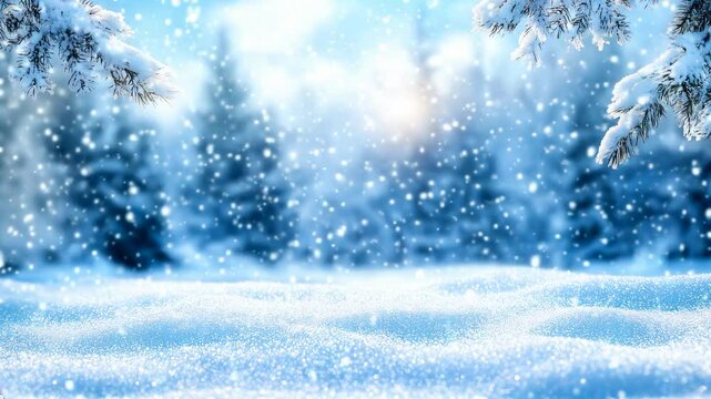 Snow in the forest, heavy snow falling through the trees, and a beautiful Christmas winter landscape