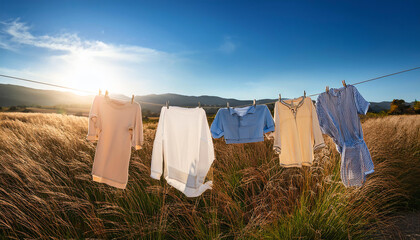 Clothes drying on a line in a golden field under a clear blue sky.