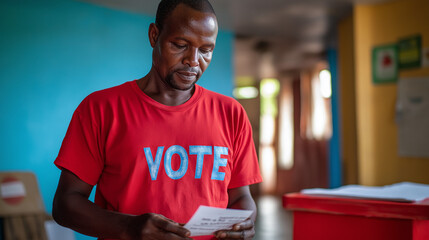 A man wearing a bright red t-shirt with the word 'VOTE' printed on it. He is standing in what appears to be a public space, possibly a polling station, as he holds a piece of paper in his hands.