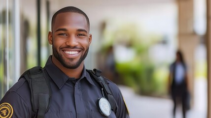 Security guard smiling as they greet employees entering a building, creating a safe, positive atmosphere   security joy, workplace protection