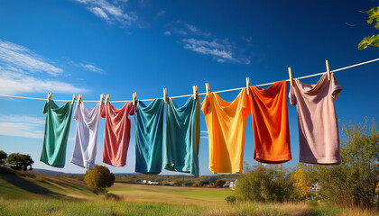 Colorful shirts hanging on a clothesline in a sunlit field.
