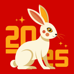 Year of the Rabbit:  A cheerful white rabbit with orange eyes and spots sits against a vibrant red background, surrounded by the golden numbers 2025.