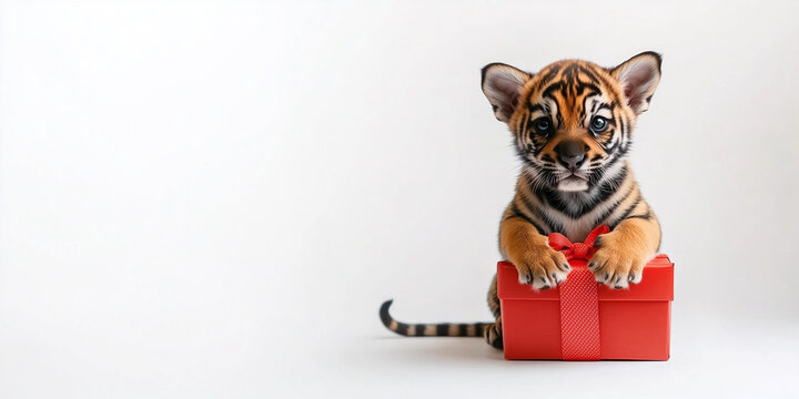 Cucciolo di tigra con un pacco regalo.