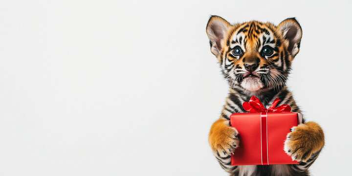 Cucciolo di tigra con un pacco regalo.