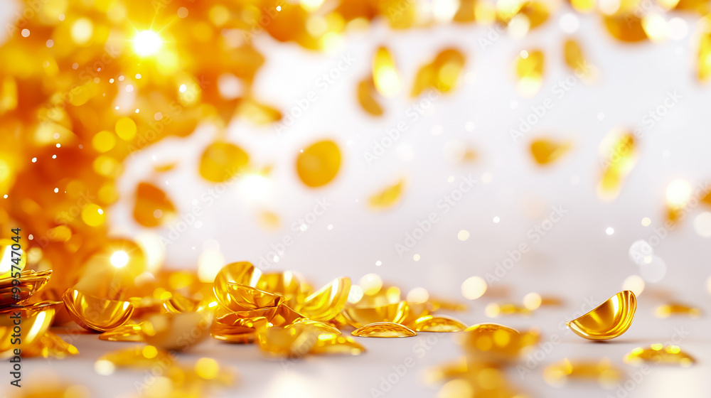 Poster golden coins shimmer and scatter across a smooth surface, illuminated by sparkling lights. this capt