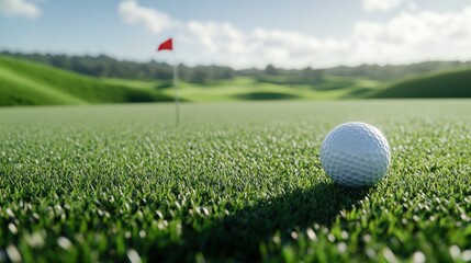 Obraz premium A close-up of a golf ball on a green with a flag in the background.