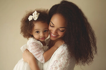 Mixed racial young mother and cute daughter smiling and interacting in front of a plain background, dressed in simple  clothes, captured in a family photo portrait shoot showcasing their joyful bond