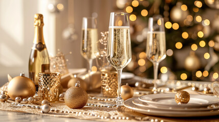 Fototapeta premium A festive table setting featuring champagne flutes, golden ornaments, and sparkling decorations creates warm and celebratory atmosphere for special occasion