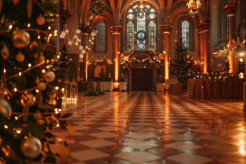 A beautifully decorated hall for Christmas, featuring elegant trees, warm lighting, and stunning stained glass windows. festive atmosphere is enhanced by shimmering ornaments and cozy ambiance