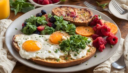 A farmers market inspired breakfast with fresh produce, Ai Generated