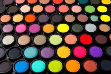 Large eyeshadow palette featuring a wide range of bold neon shades arranged in circular pans creating a bright and artistic makeup display with creative energy