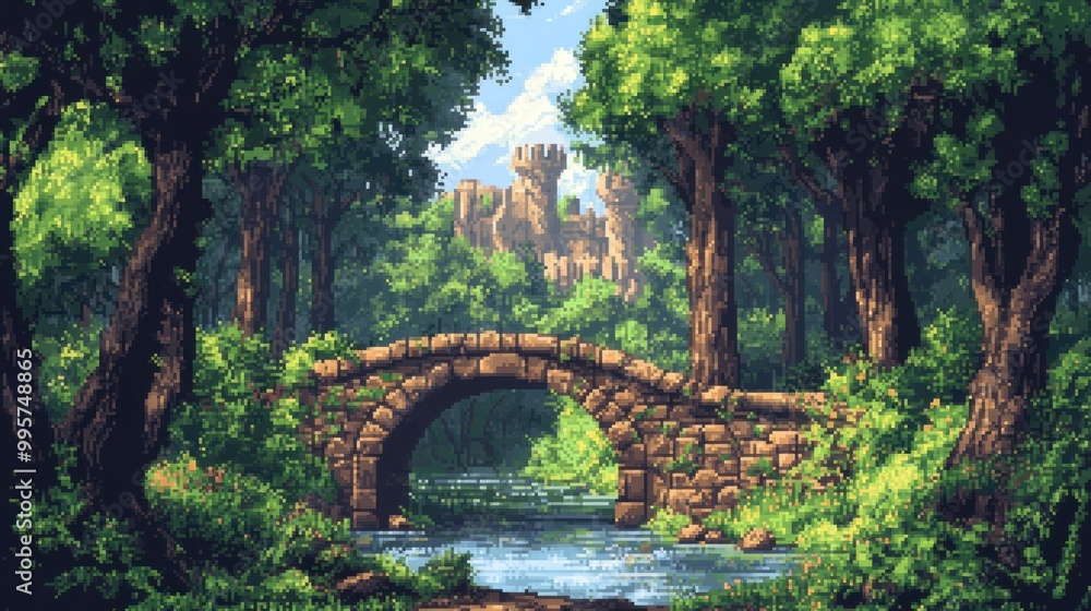 Canvas Prints Stone Bridge Leading to a Castle in a Lush Forest