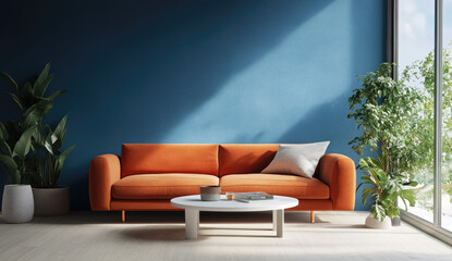 A modern living room with blue wall paint, featuring an orange sofa and a white coffee table. The floor is made of light wood, and there are green plants in the corner.