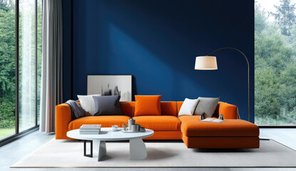 A modern living room with blue wall paint, featuring an orange sofa and a white coffee table. The floor is made of light wood, and there are green plants in the corner.