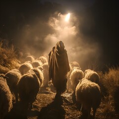 Bible Illustration, God's Glory Shines Over Shepherds Living in the Field at Night