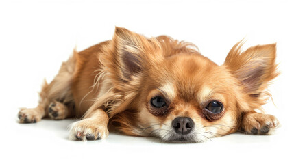 Obraz premium Young Cute Chihuahua Puppy Sitting and Lying Down While Looking Forward on White Background