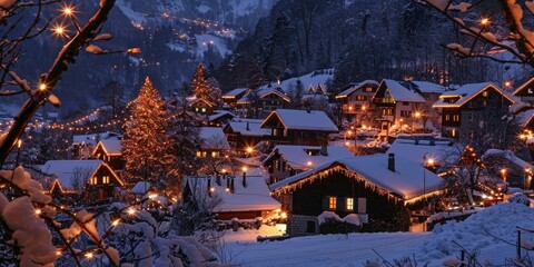 Christmas Lights Twinkling in a Swiss Mountain Village at Night