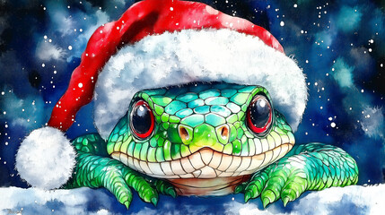 Watercolour Illustration of Festive Green Lizard, Snake in Santa Hat during snowfall. Suitable for Postcard, Poster, Sticker, Flyer