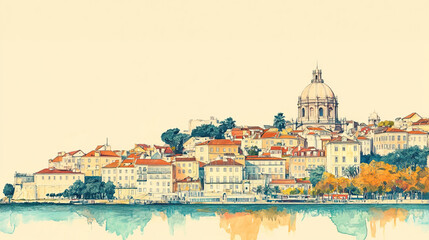 Obraz premium Lisbon, Portugal, color pen pencil hand-drawn effect drawing illustration for travel poster, card, wallpaper, backdrop or banner. Modern, clear, artistic and simple