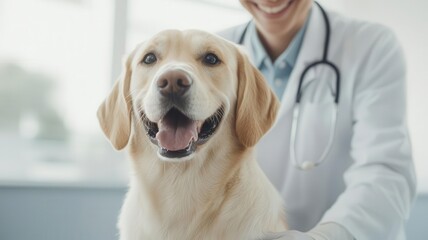 Veterinarian smiling while gently examining a happy dog in a bright clinic   vet joy, pet care happiness