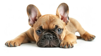 young cute French Bulldog puppy sitting lying down while looking forward isolated on white background