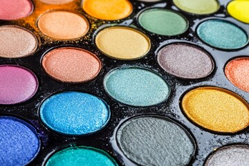 Naklejka premium Colorful circular eyeshadow palette with vibrant tones arranged in a neat grid showcasing a playful mix of bright shades and glowing pigments in a bold beauty display