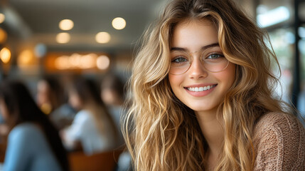 A young woman with long, wavy hair and glasses smiles bright while seated in a café with friends enjoying their time together