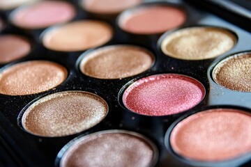 Naklejka premium Sleek eyeshadow palette featuring metallic and shimmer shades creating a glowing luxurious beauty display with rich warm pigments under soft lighting