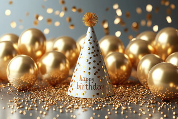Colorful birthday decorations include a golden party hat surrounded by shiny balloons and confetti, creating a joyful festive atmosphere