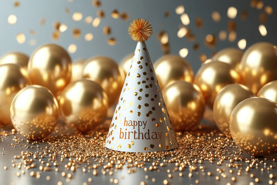 Colorful birthday decorations include a golden party hat surrounded by shiny balloons and confetti, creating a joyful festive atmosphere
