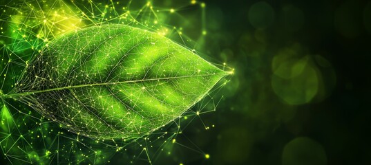 Green Technology Digital Leaf on Abstract Sustainability Background with Connected Dots, Lines