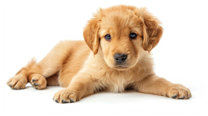 Fototapeta premium young cute Golden Retriever puppy sitting lying down while looking forward isolated on white background